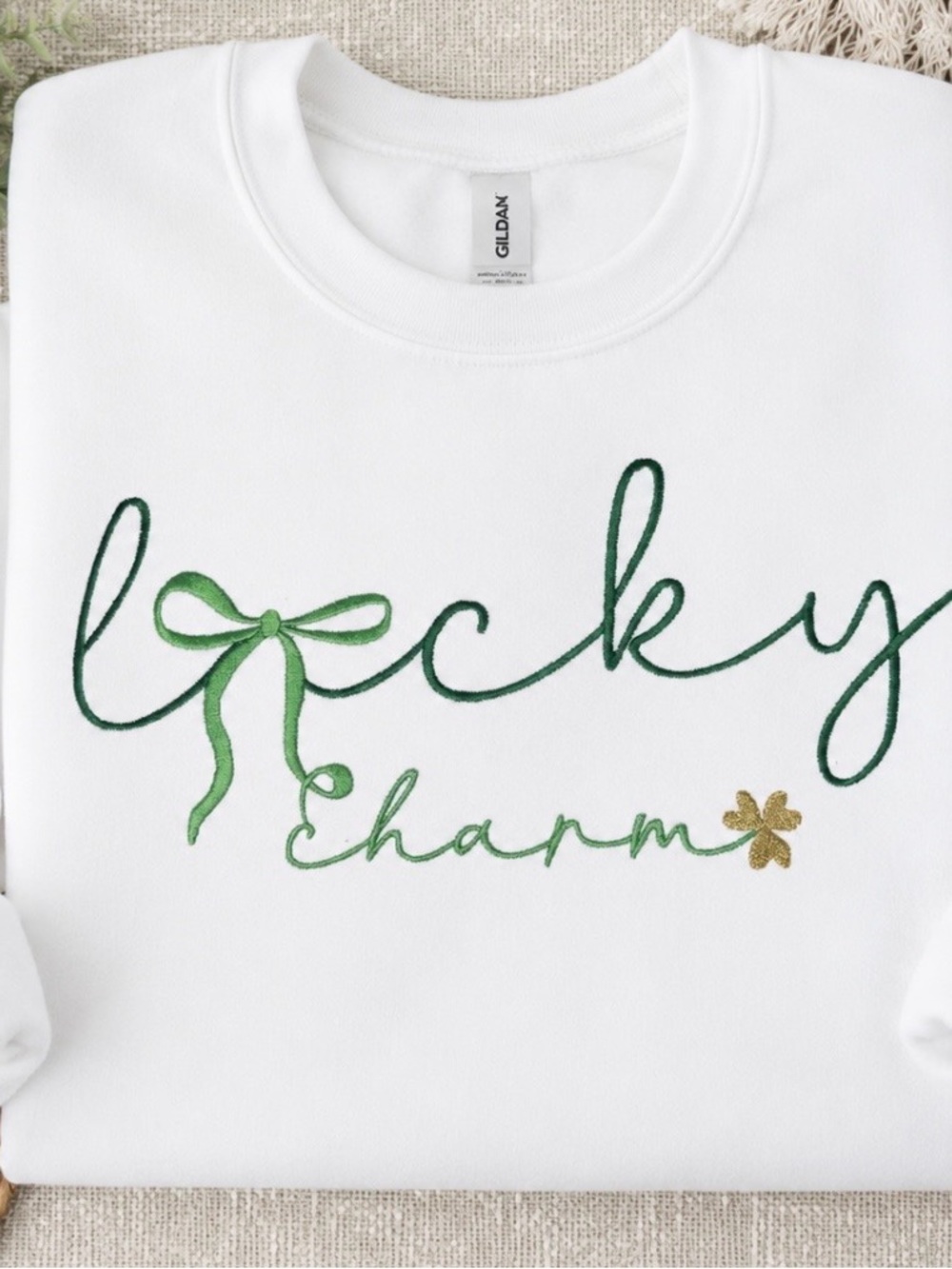 Gildan White Sweatshirt with Green and Gold 'Lucky Charm' Embroidery